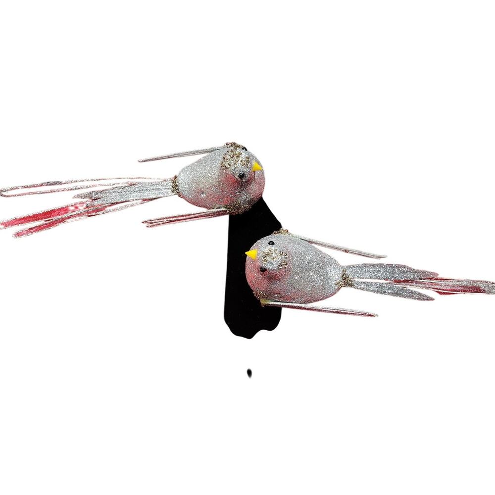 Silver Glitter Sequin Long Tail Bird x2 Ornament Christmas Decoration Alligator